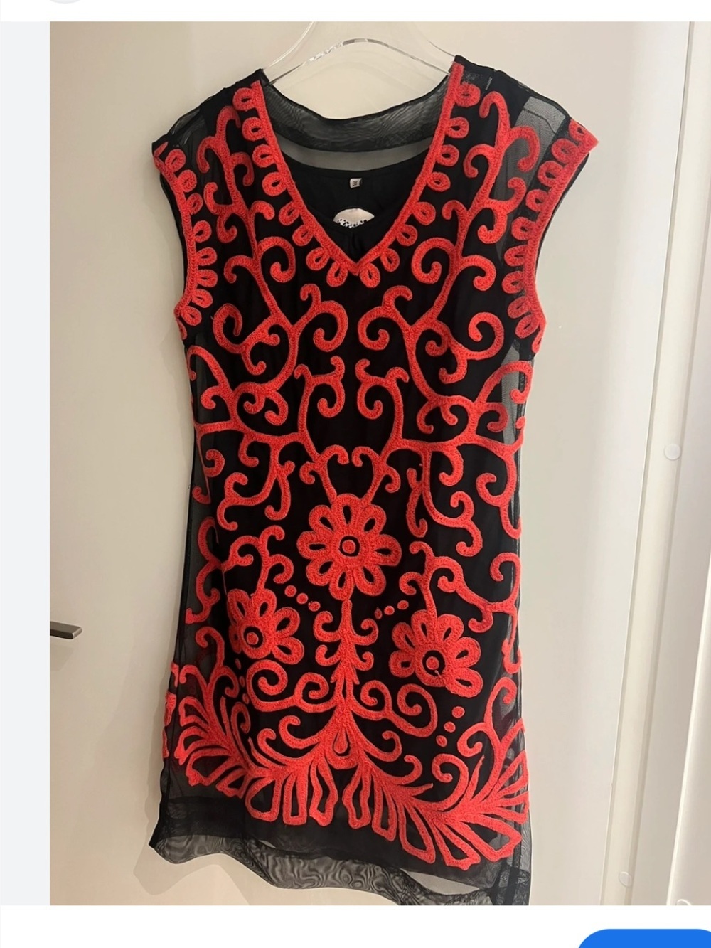 Alma Trichi 10 Black Mesh Dress with Red Embroidered Floral Swirls 42